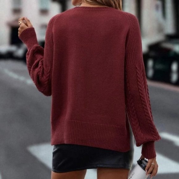 boho Burgundy Sleeve Button Side detailoed Cable Knit Sweater Top fall winter - Picture 2 of 6